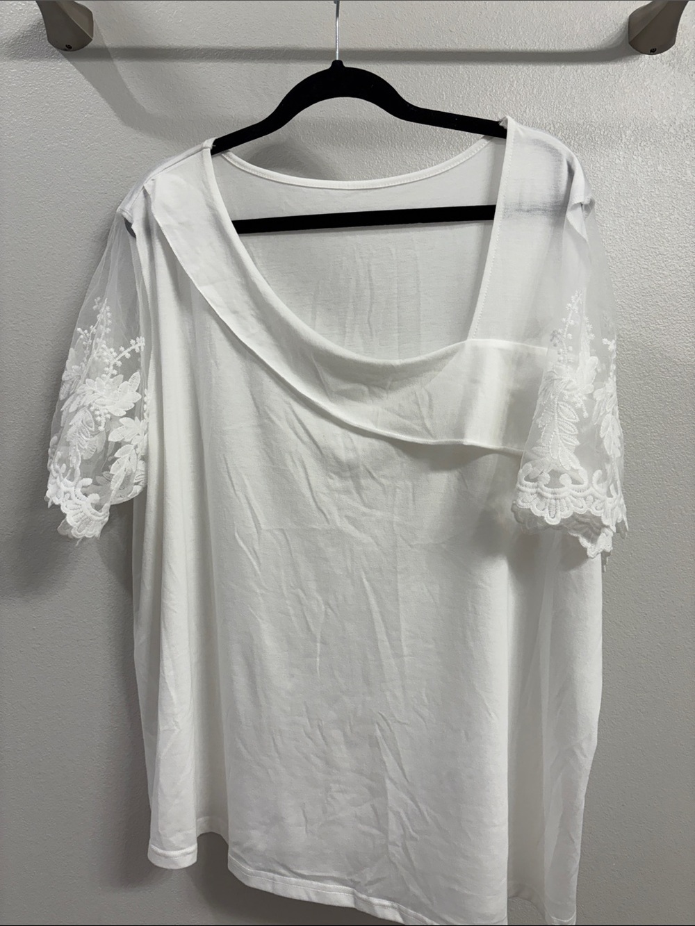 Women's White Lace Sleeve Draped Neck Top